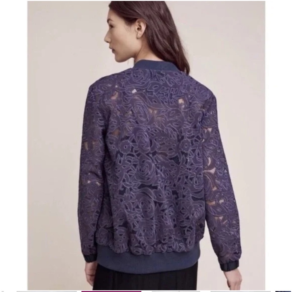 like new Anthro Elevenses 'Miranda' blue/purple lace bomber jacket size S